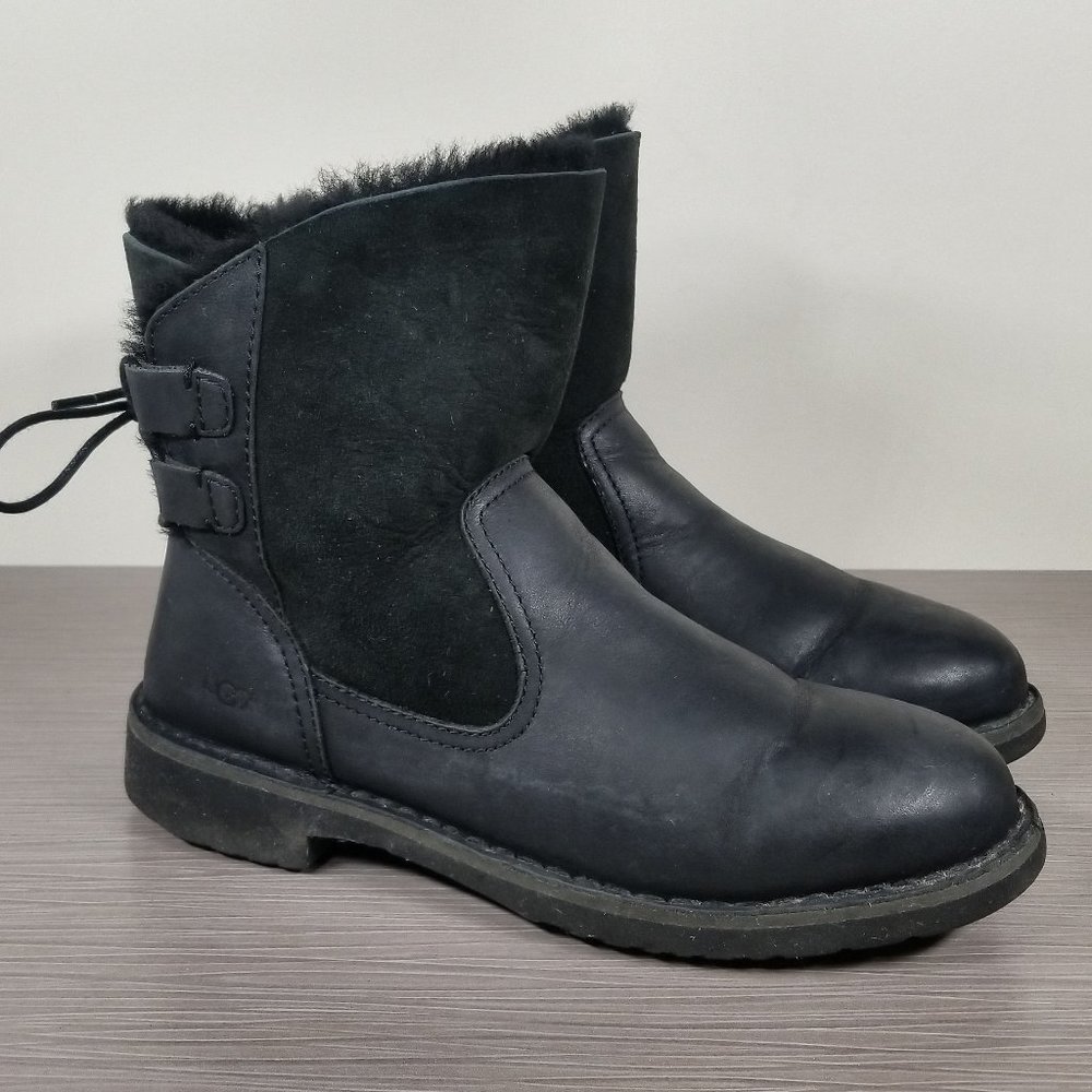 UGG Naiyah Lace Back Sheerling Boots, Black Leather & Suede, Womens Size 7 / 38